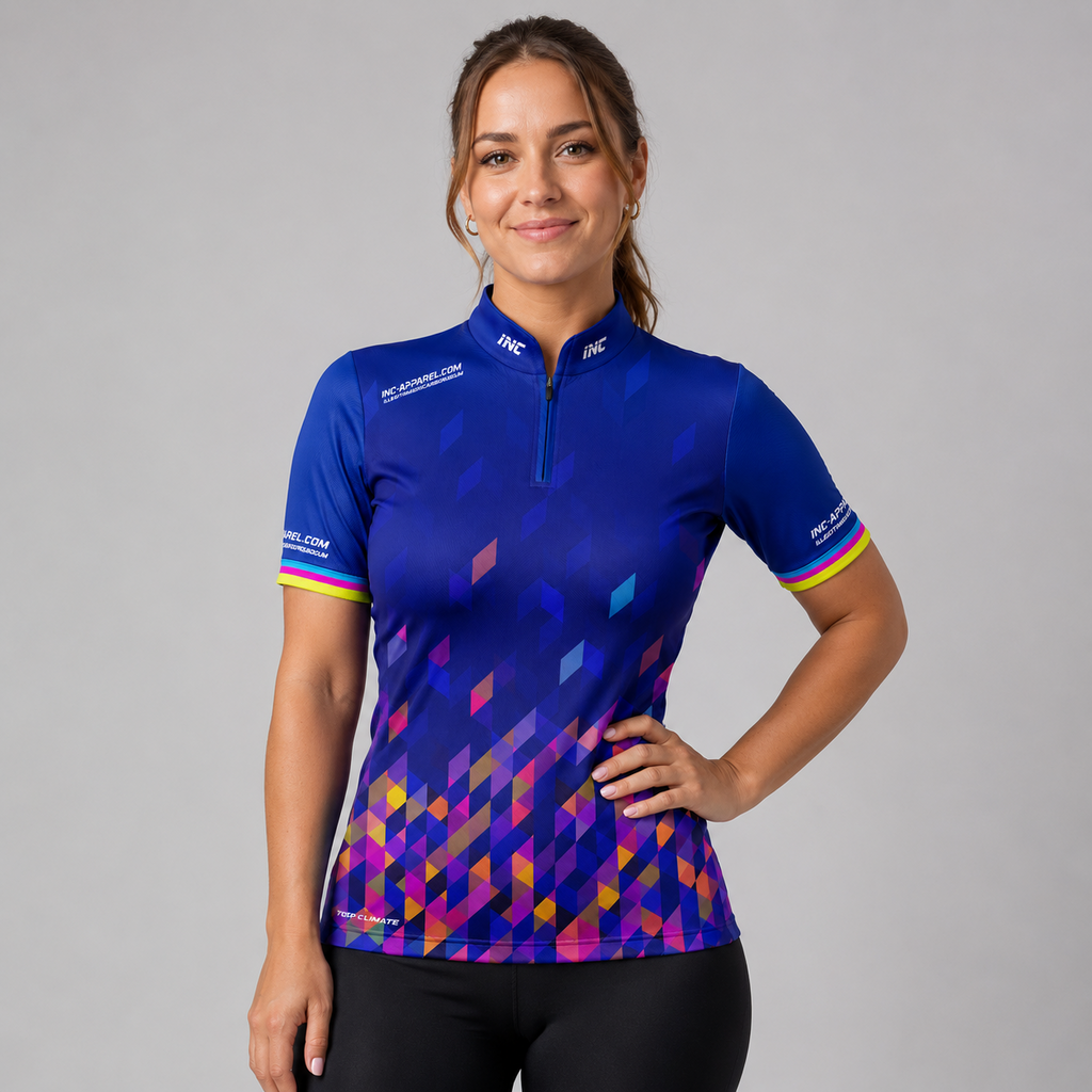 Front view of the Womens Infinita darts pool shirt, featuring a digital blue and multi-color rainbow pixel graphic design over a dark base.