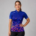Front view of the Womens Infinita darts pool shirt, featuring a digital blue and multi-color rainbow pixel graphic design over a dark base.