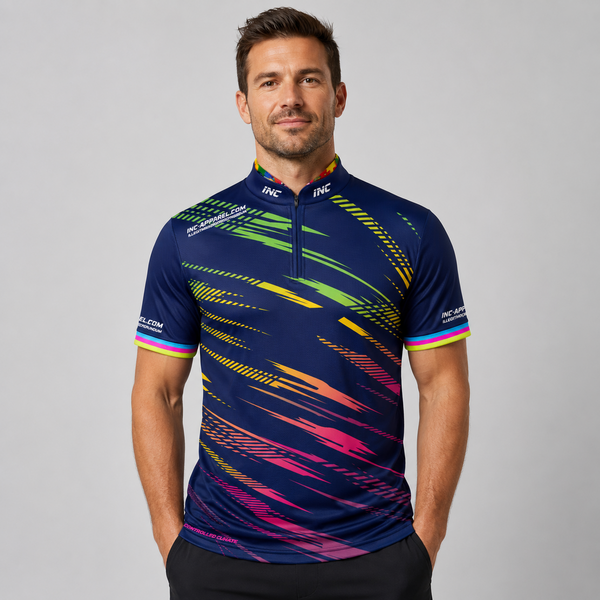 Front view of the Men and Youth Infinita darts pool shirt, featuring vibrant blue and multi-color rainbow fluid streaks over a black base.