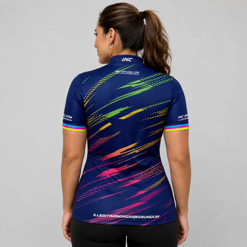 Back view of the Womens Infinita darts pool shirt, showing the continuous sublimated blue and rainbow athletic streak design.