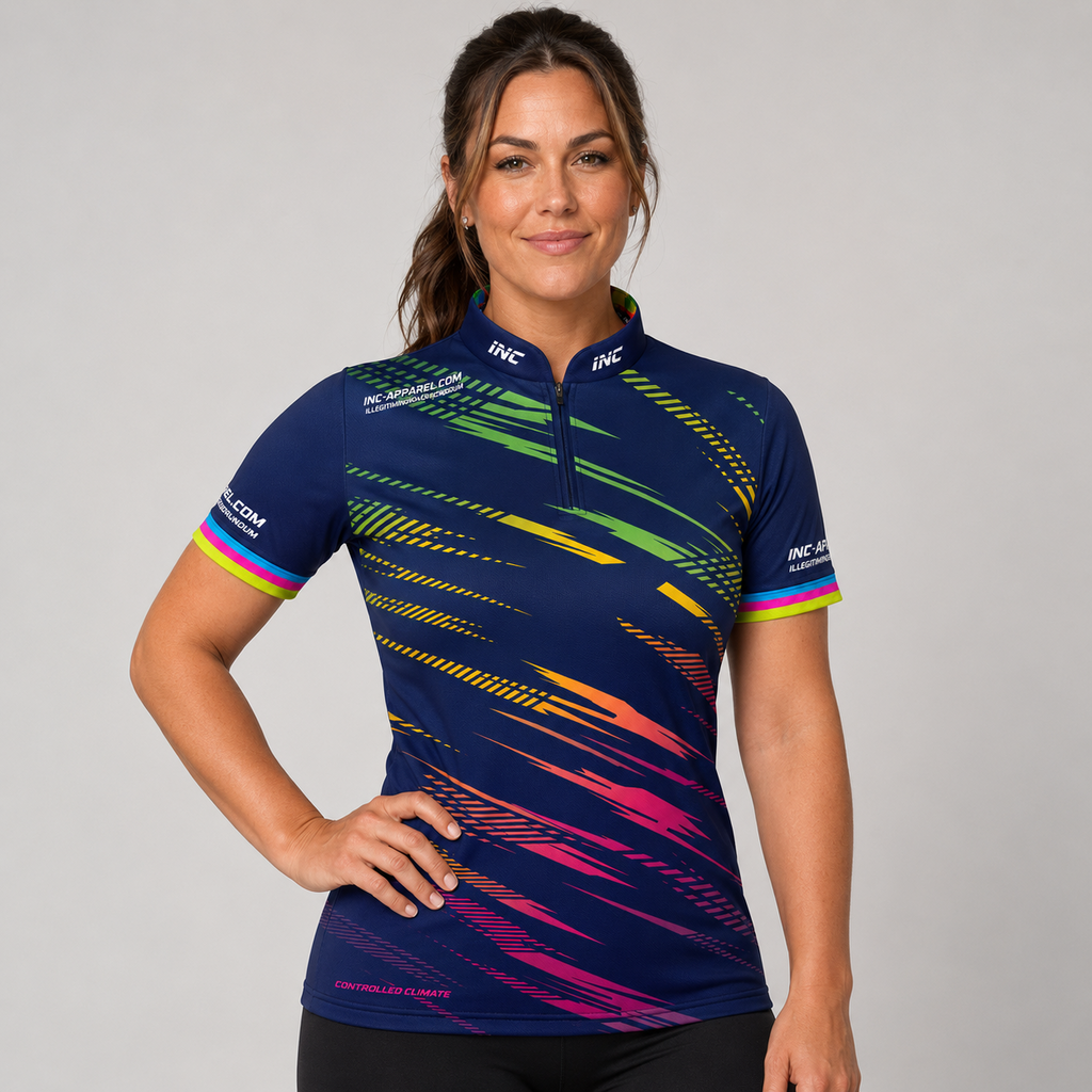 Front view of the Womens Infinita darts pool shirt, featuring vibrant blue and multi-color rainbow fluid streaks over a black base.