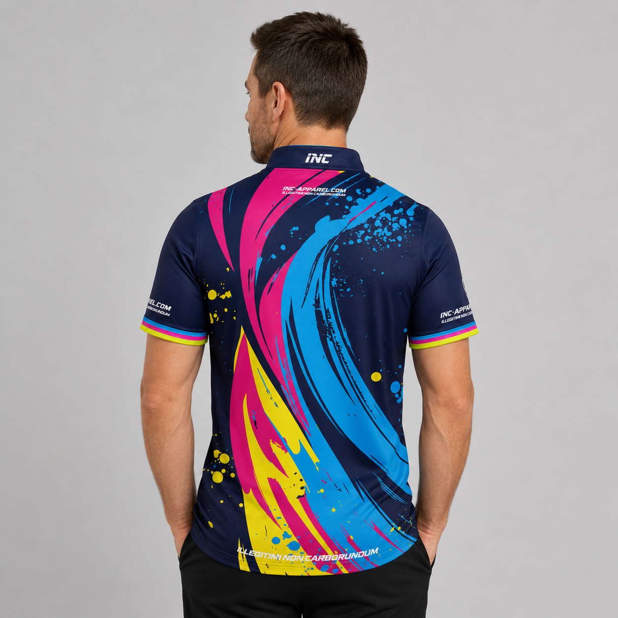Back view of the Men and Youth Infinita darts pool shirt, showing the continuation of the sublimated blue rainbow swoosh design.