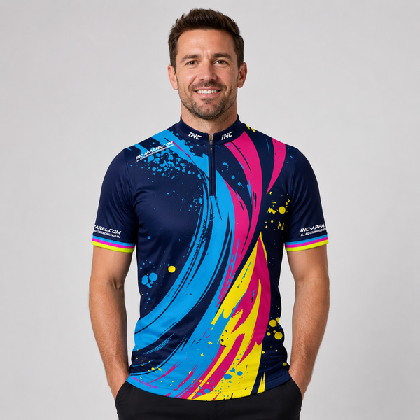 Front view of the Men and Youth Infinita darts pool shirt, featuring a dynamic blue and multi-color rainbow swoosh graphic over a dark base.