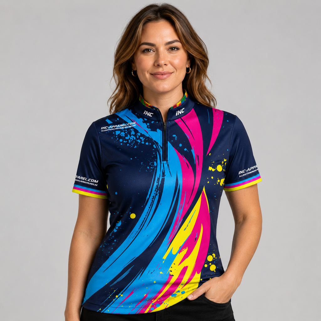 Front view of the Womens Infinita darts pool shirt, featuring a dynamic blue and multi-color rainbow swoosh graphic over a dark base.
