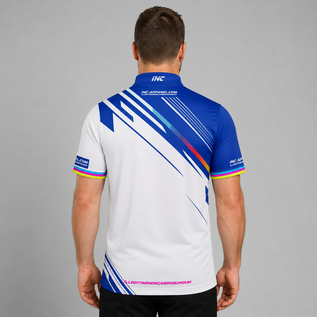 Back view of the Infinita White and Blue team shirt for men and youth, showcasing the clean paneled design and colorful collar detail.