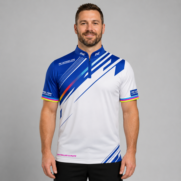 Front view of the Infinita White and Royal Blue performance darts pool shirt for men and youth, featuring a bold diagonal graphic design.