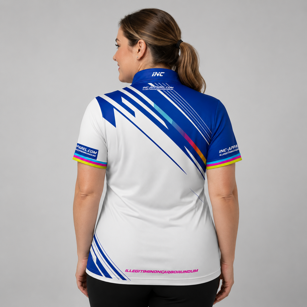 Back view of the Womens Infinita darts pool shirt, showcasing the clean white and blue panel design and puzzle-patterned collar detail.