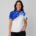 Front view of the Womens Infinita white and royal blue performance darts pool shirt, featuring diagonal graphics and subtle rainbow accents.
