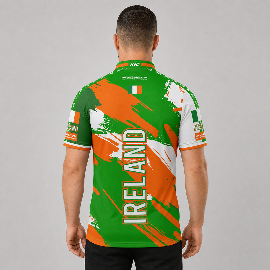 Back view of the Men and Youth Ireland custom darts and pool shirt, highlighting the clean layout optimized for custom player name and number personalization.