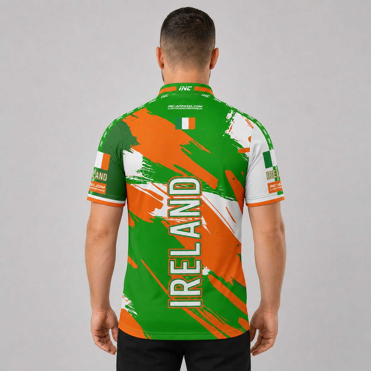 Back view of the Men and Youth Ireland custom darts and pool shirt, highlighting the clean layout optimized for custom player name and number personalization.
