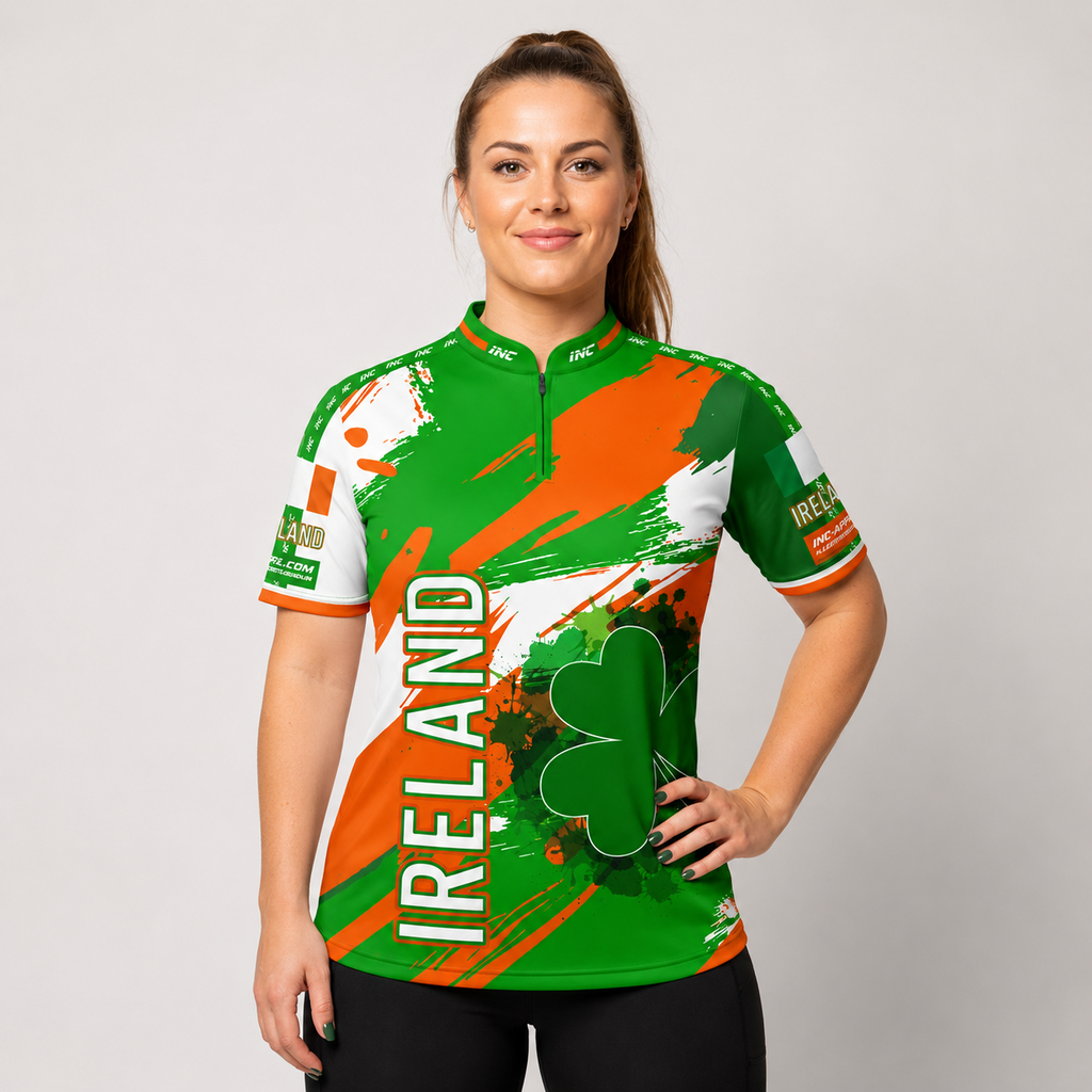 Front view of the Womens Ireland custom darts and pool shirt, featuring a tailored athletic jersey design with national team colors.