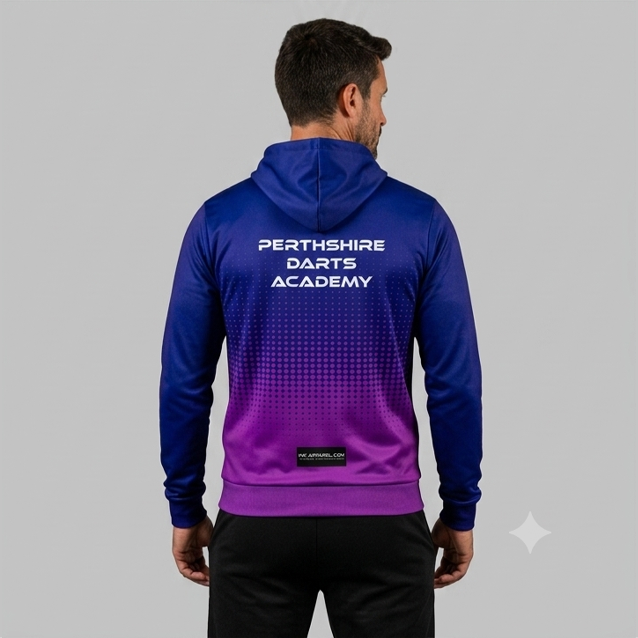 Back view of the unisex JDC Perthshire Darts Academy Hoodie, showcasing the clean fit and double-lined hood architecture.