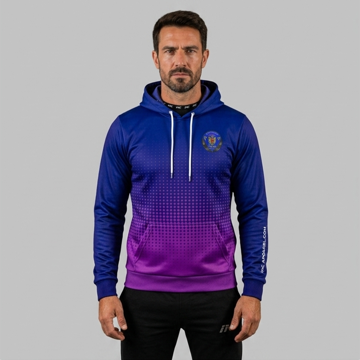 Front view of the unisex JDC Perthshire Darts Academy Hoodie, highlighting the cozy fleece design and bold official academy crest across the chest.