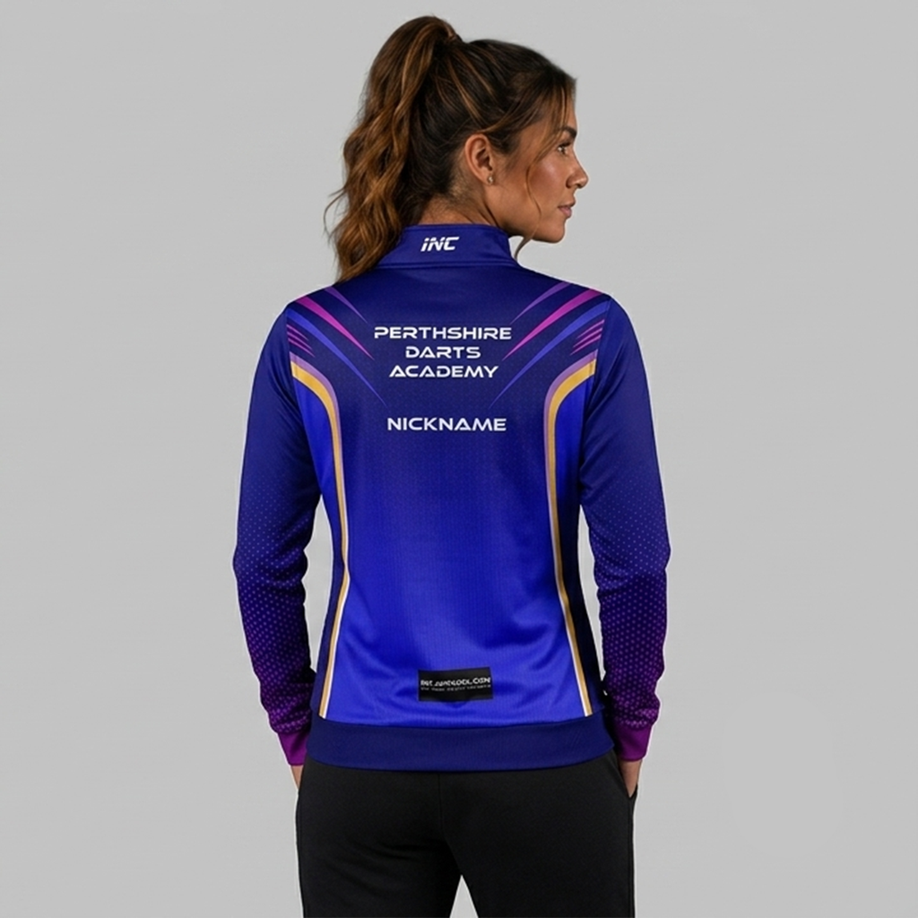 Back view of the unisex JDC Perthshire Darts Academy Quarter Zip Midlayer, showcasing the clean athletic silhouette and flexible shoulder construction.