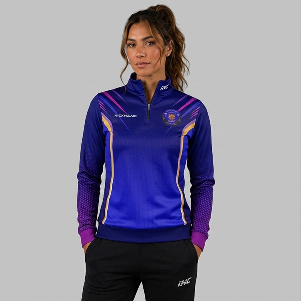Front view of the unisex JDC Perthshire Darts Academy Quarter Zip Midlayer, highlighting the athletic team styling, stand-up collar, and official academy crest.