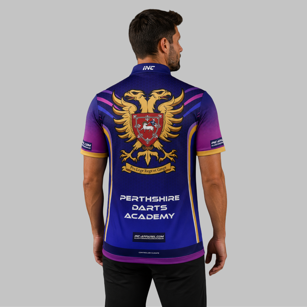 Back view of the Men and Youth JDC Perthshire Darts Academy Shirt, showcasing the clean fit and unrestricted shoulder construction.