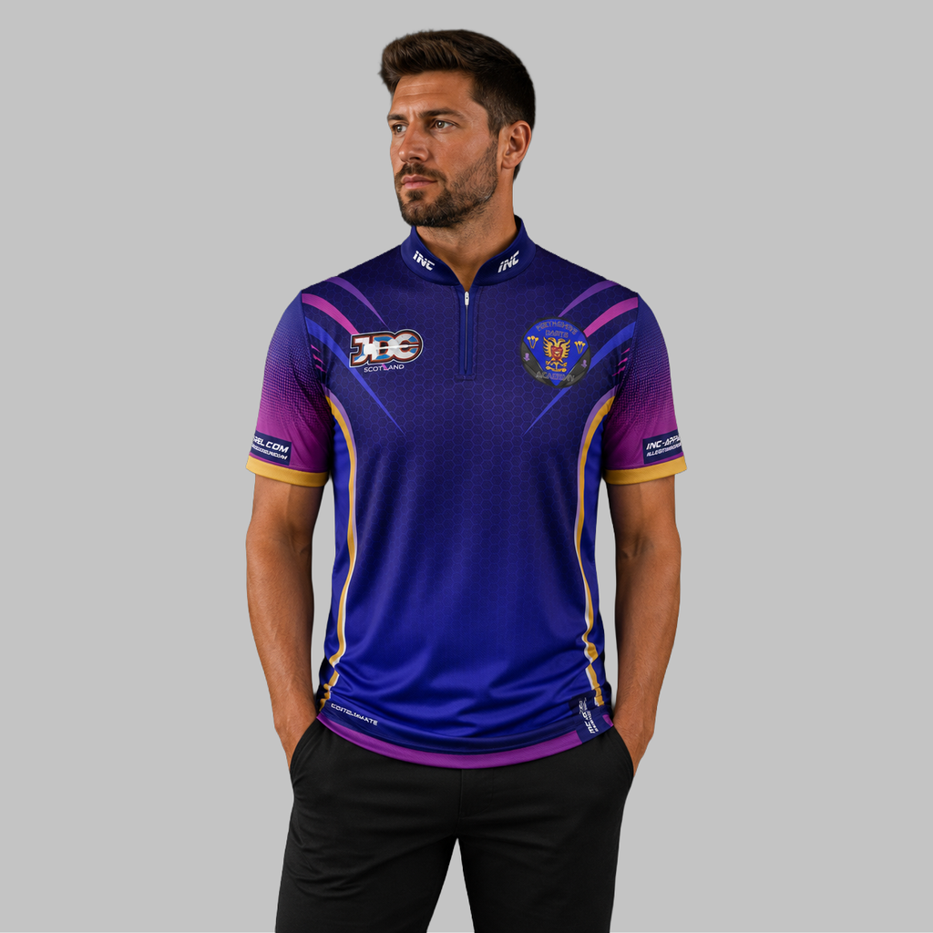 Front view of the Men and Youth JDC Perthshire Darts Academy Shirt, showing the vibrant academy colors, professional athletic collar, and official crest.