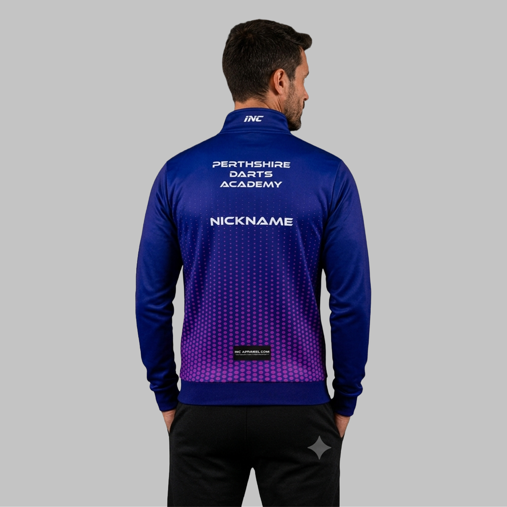 Back view of the unisex JDC Perthshire Darts Academy Tournament Jacket, showing the clean team color panels and comfortable outer-shell design across the shoulders.