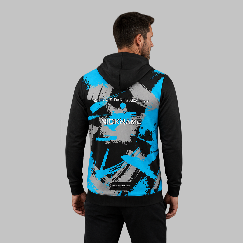 Back view of the unisex Jordan's Darts Academy Hoodie, showcasing the clean fit and double-lined hood architecture.
