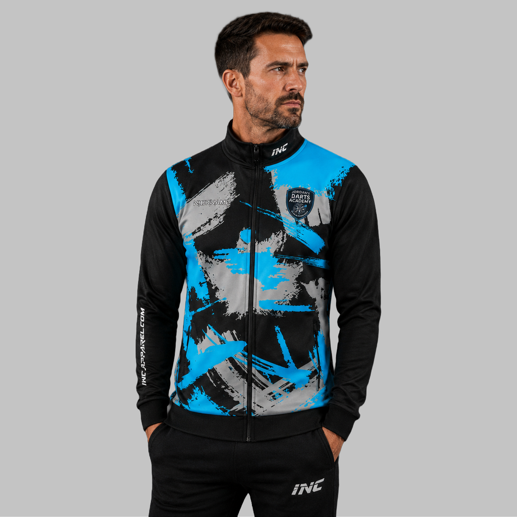 Front view of the unisex Jordan's Darts Academy Tournament Jacket, highlighting the sleek full-zip design, athletic collar, and prominent official academy crest.