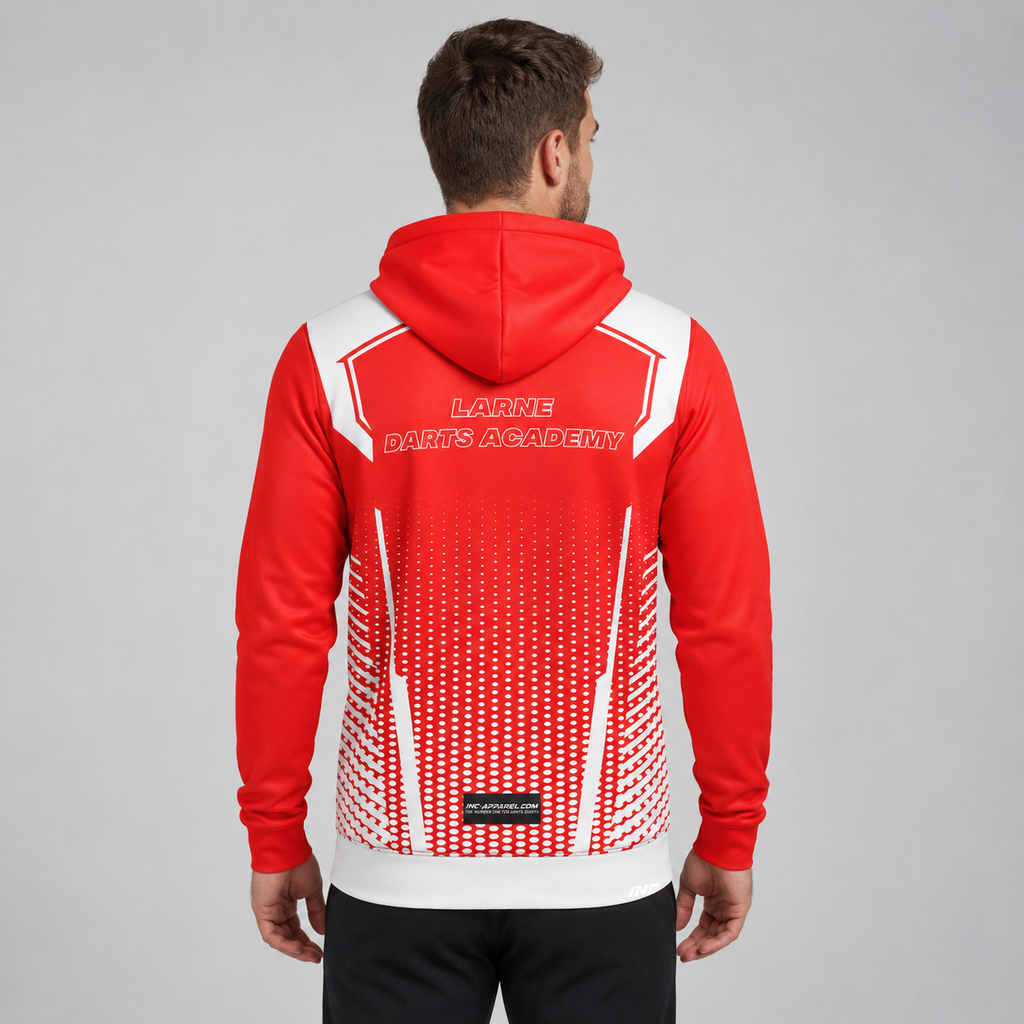 Back view of the unisex Larne Darts Academy Hoodie, showcasing the clean fit and double-lined hood architecture.