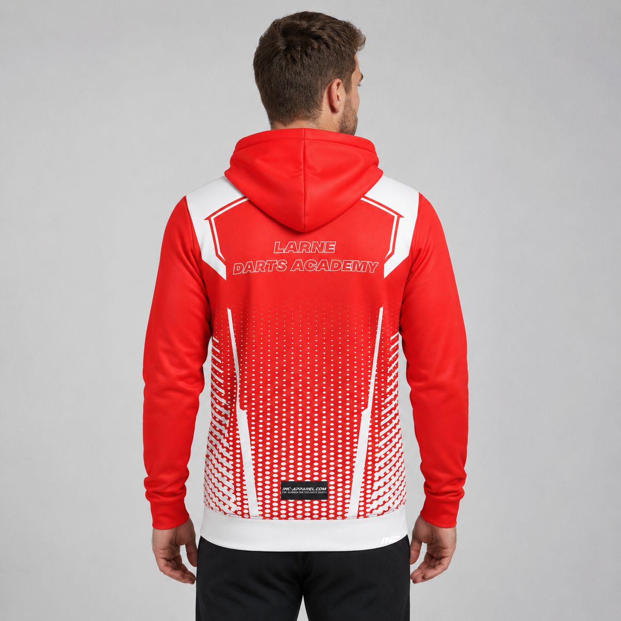 Back view of the unisex Larne Darts Academy Hoodie, showcasing the clean fit and double-lined hood architecture.