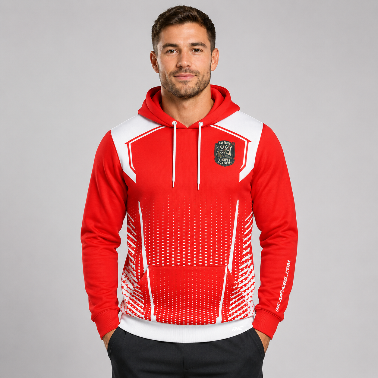Front view of the unisex Larne Darts Academy Hoodie, highlighting the cozy fleece design and bold official academy crest across the chest.