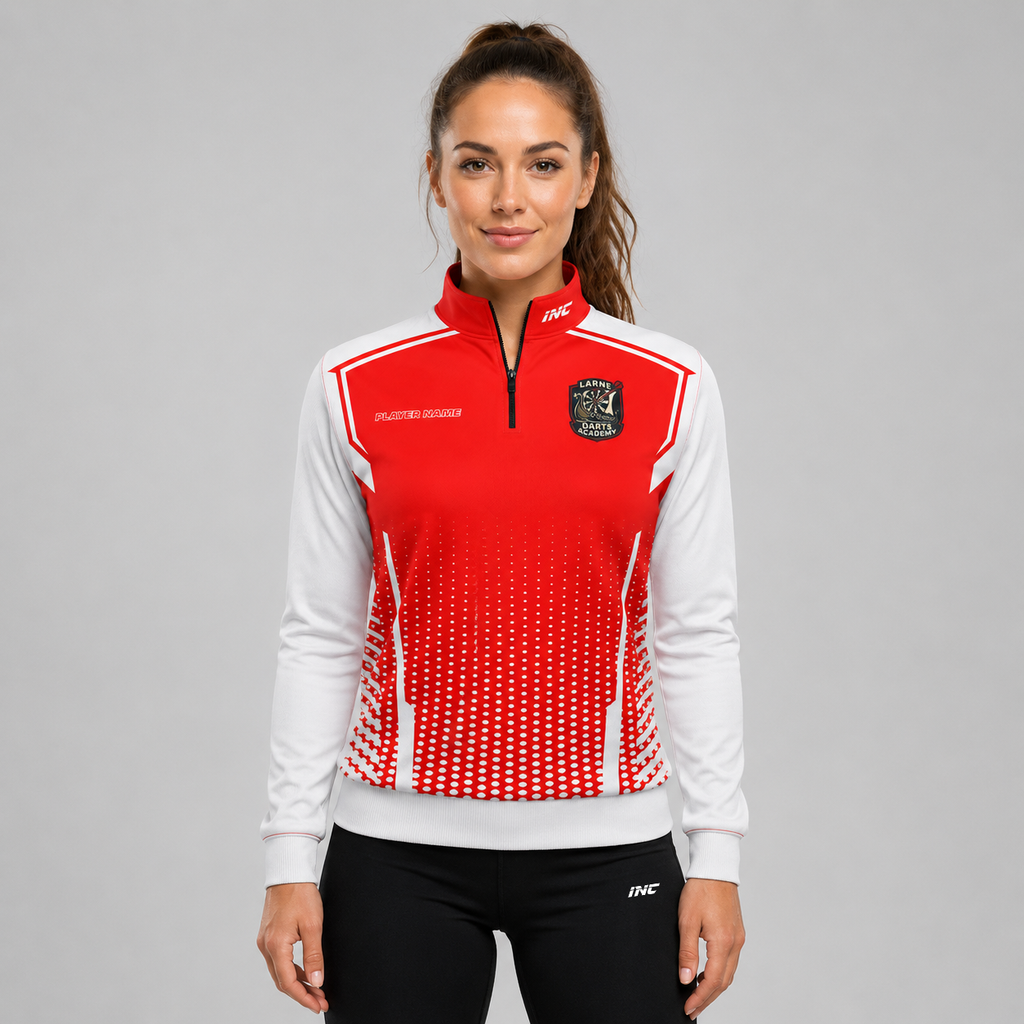 Front view of the unisex Larne Darts Academy Quarter Zip Midlayer, highlighting the athletic team styling, stand-up collar, and official academy crest.