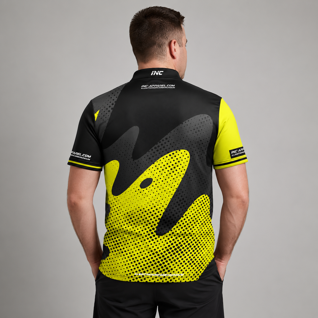 Back view of the Men and Youth Ludicrus black and yellow darts and pool shirt, showing the clean continuation of the bold graphic pattern.