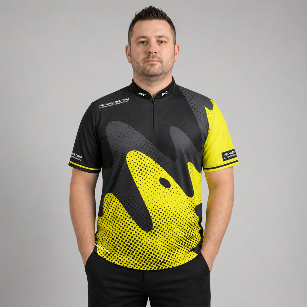 Front view of the Men and Youth Ludicrus black and yellow darts and pool shirt, featuring a vibrant dynamic jersey design.