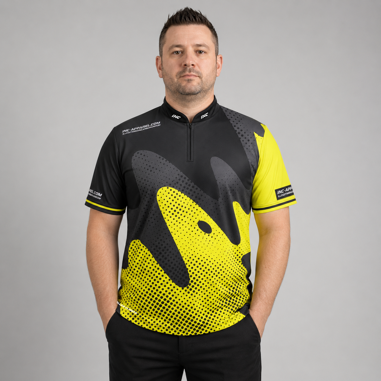 Front view of the Men and Youth Ludicrus black and yellow darts and pool shirt, featuring a vibrant dynamic jersey design.