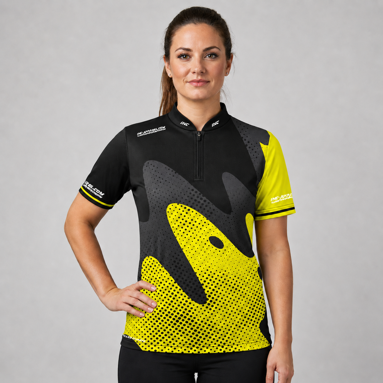 Front view of the Womens Ludicrus black and yellow darts and pool shirt, featuring a custom tailored vibrant jersey design.