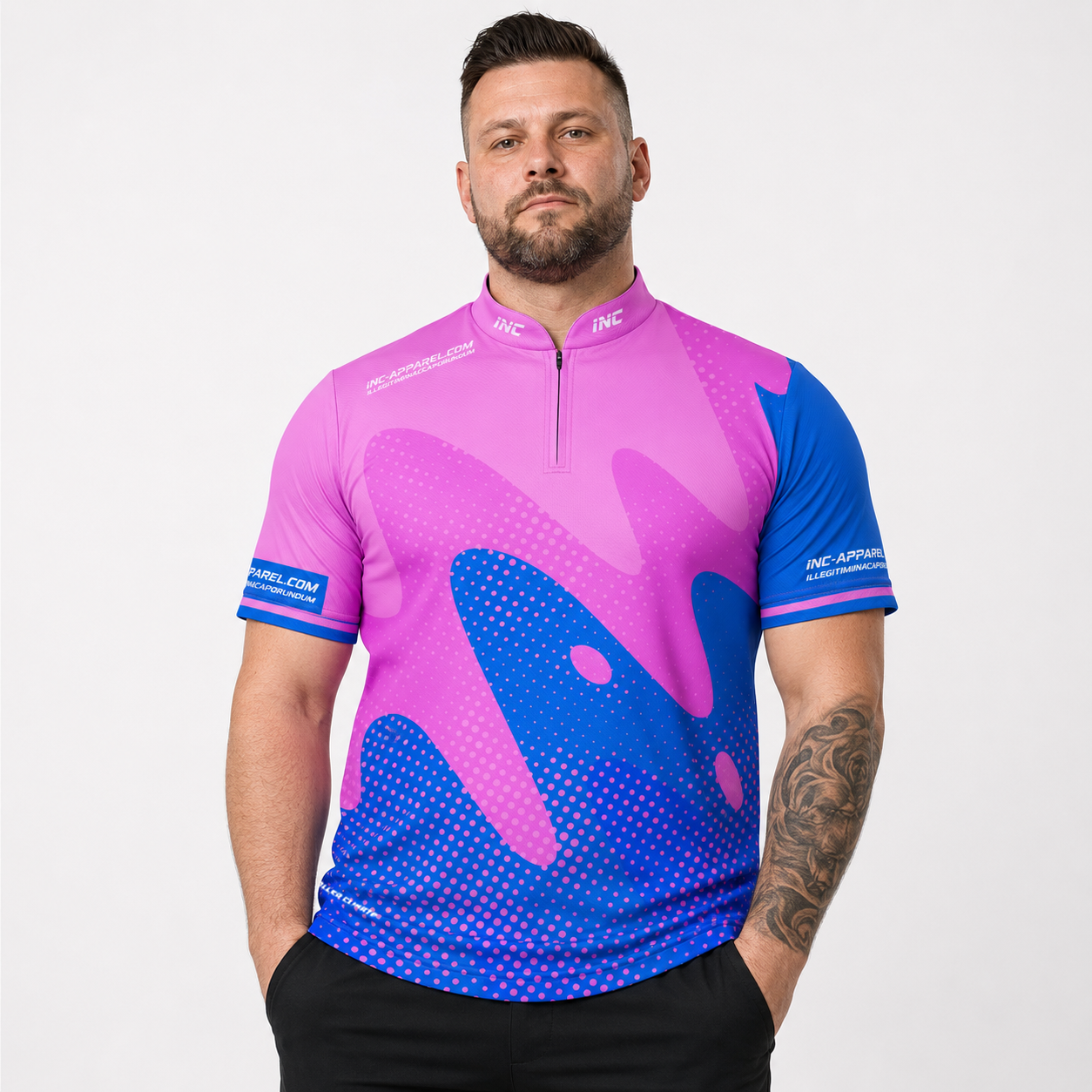 Front view of the Men and Youth Ludicrus pink and blue darts and pool shirt, featuring a vibrant dynamic jersey design.