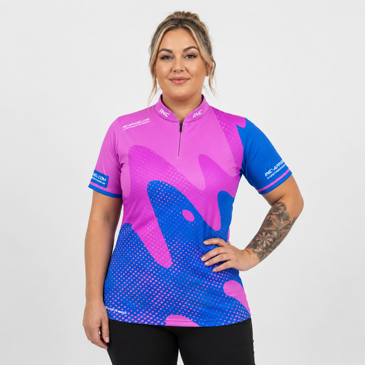 Front view of the Womens Ludicrus pink and blue darts and pool shirt, featuring a custom tailored vibrant jersey design.