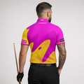 Back view of the Men and Youth Ludicrus pink and yellow darts and pool shirt, showing the clean continuation of the bold graphic pattern.