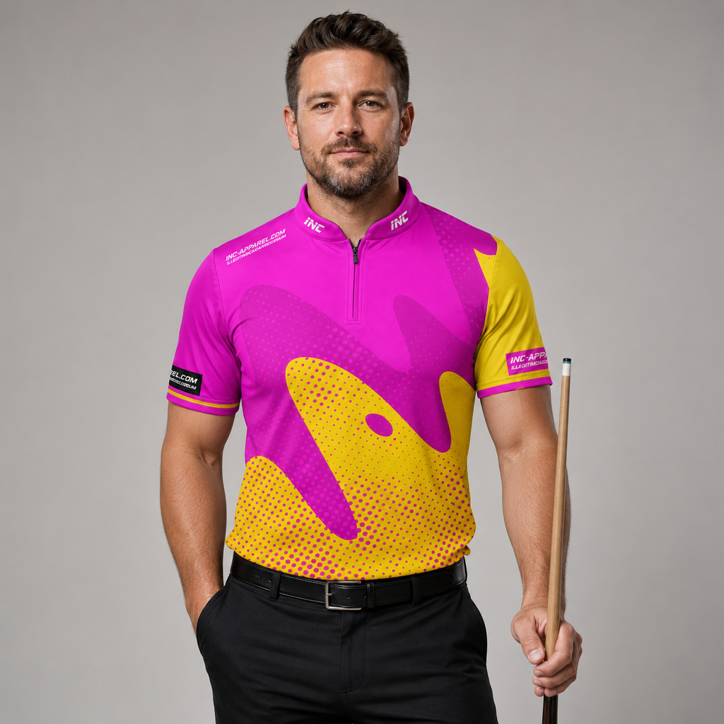 Front view of the Men and Youth Ludicrus pink and yellow darts and pool shirt, featuring a vibrant dynamic jersey design.