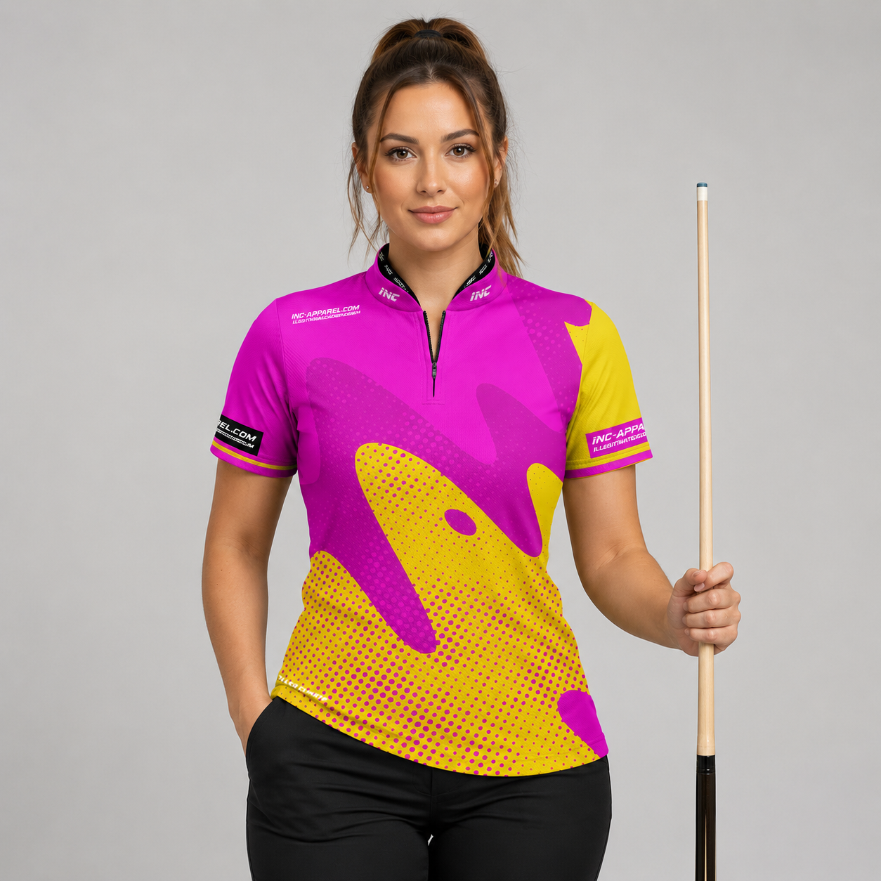Front view of the Womens Ludicrus pink and yellow darts and pool shirt, featuring a custom tailored vibrant jersey design.