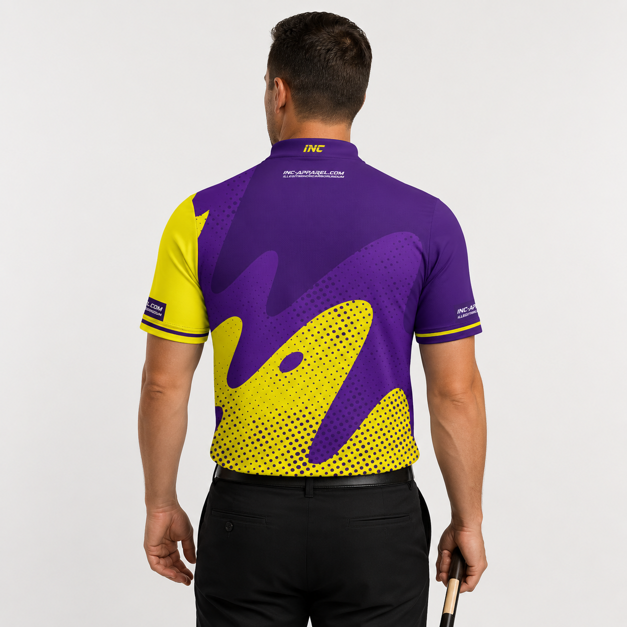 Back view of the Men and Youth Ludicrus purple and yellow darts and pool shirt, showing the clean continuation of the bold graphic pattern.