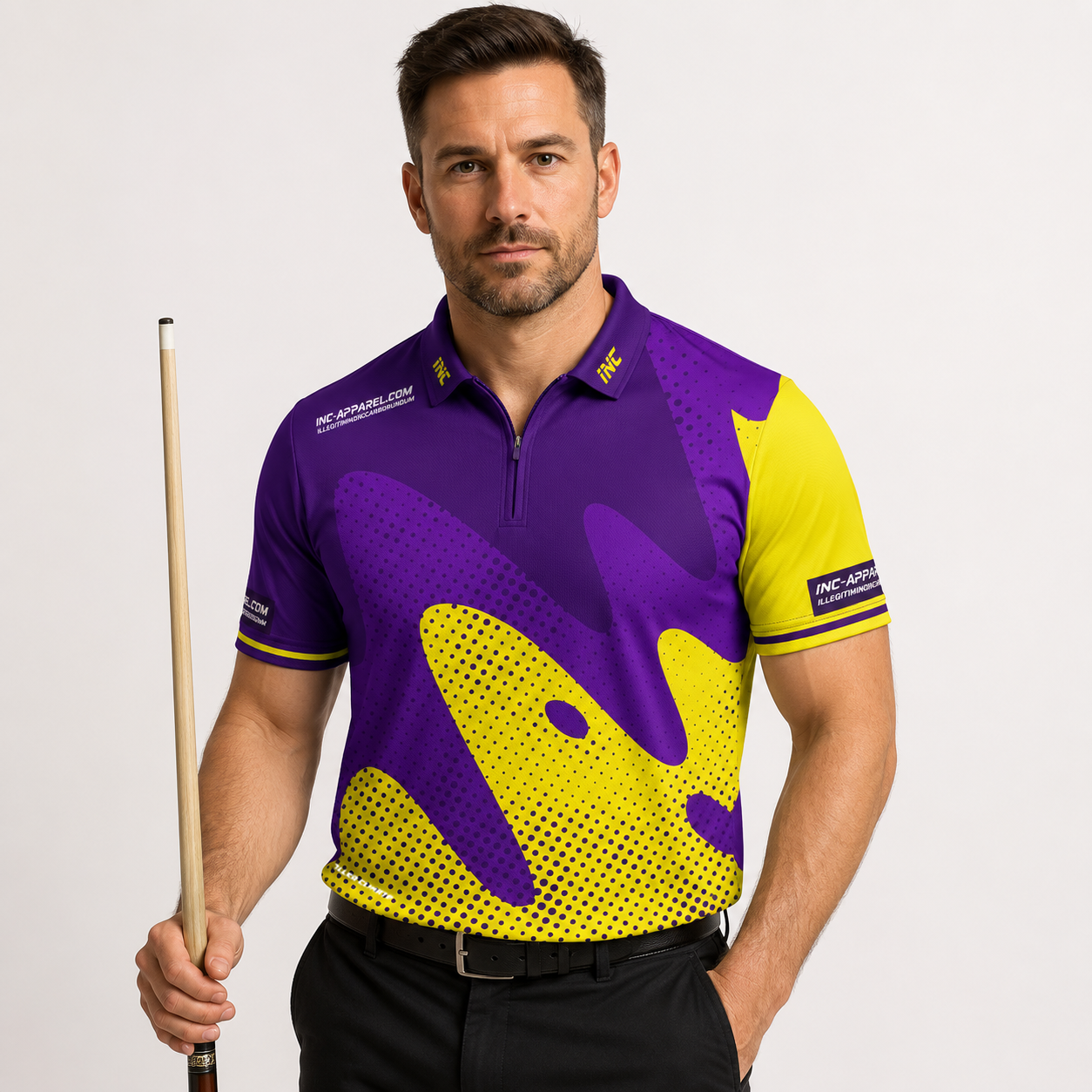 Front view of the Men and Youth Ludicrus purple and yellow darts and pool shirt, featuring a vibrant dynamic jersey design.