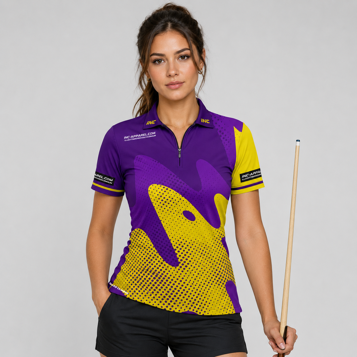Front view of the Womens Ludicrus purple and yellow darts and pool shirt, featuring a custom tailored vibrant jersey design.