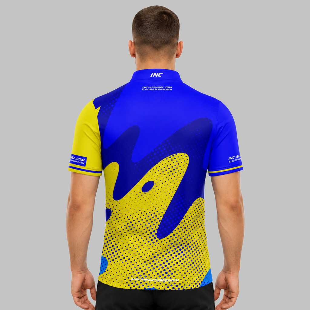 Back view of the Men and Youth Ludicrus royal blue and yellow darts and pool shirt, showing the clean continuation of the bold graphic pattern.