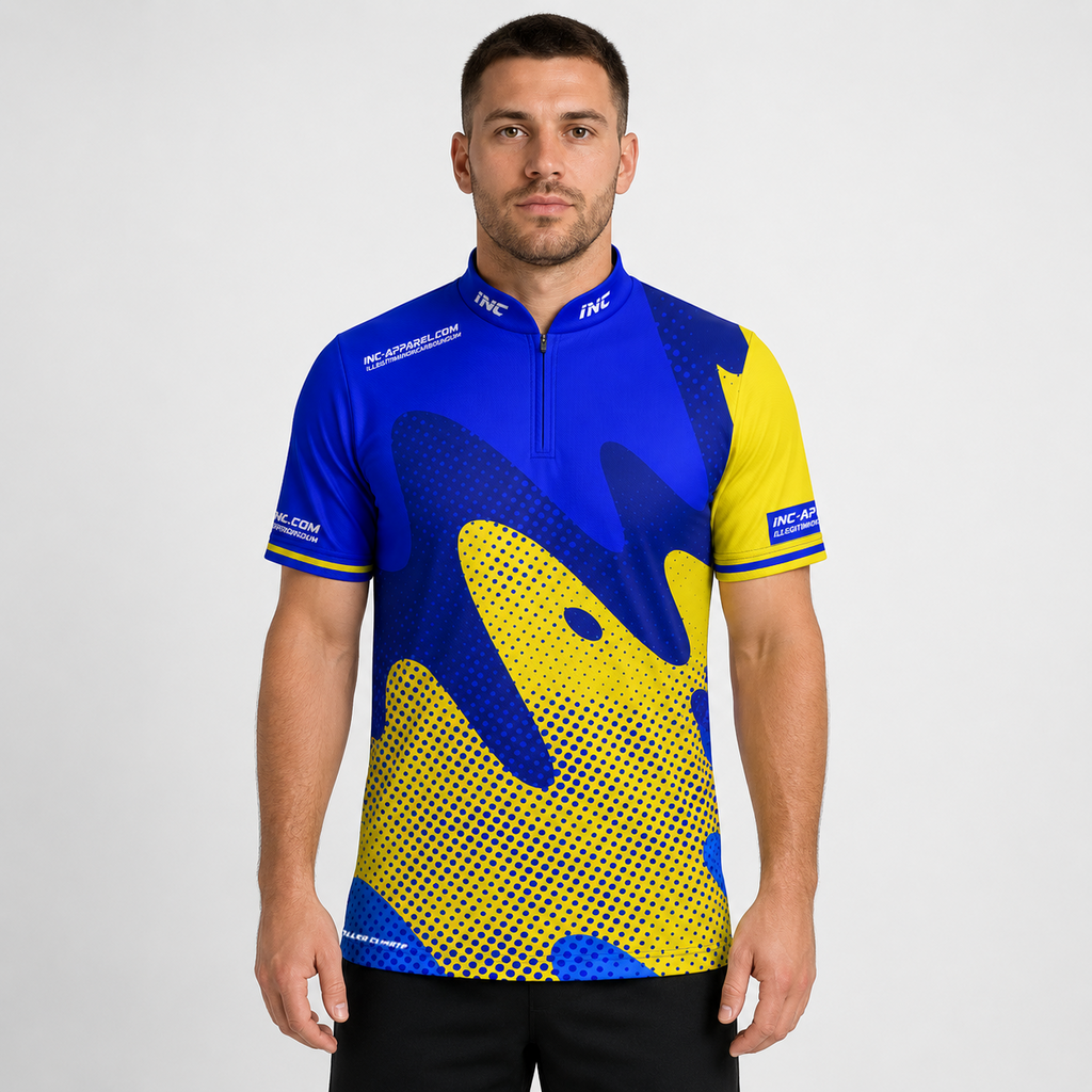 Front view of the Men and Youth Ludicrus royal blue and yellow darts and pool shirt, featuring a vibrant dynamic jersey design.