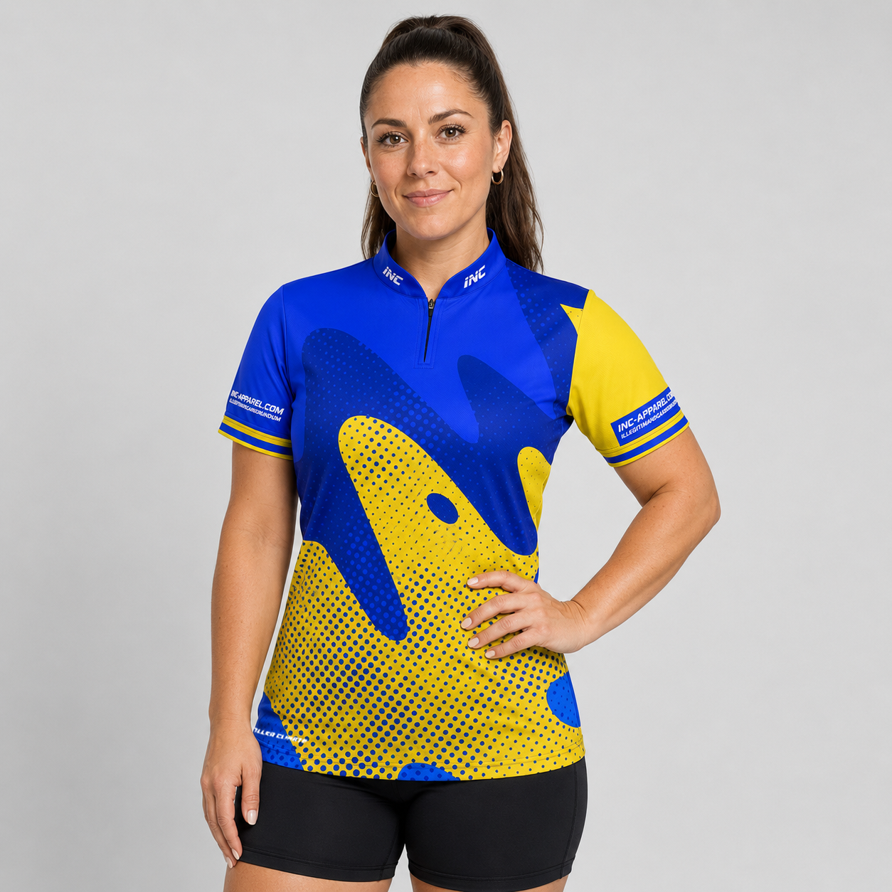 Front view of the Womens Ludicrus royal blue and yellow darts and pool shirt, featuring a custom tailored vibrant jersey design.