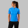 Front view of the Women's Magnus blue, pink, and white darts and pool shirt, showcasing the custom-tailored athletic jersey layout with vivid geometric graphics.