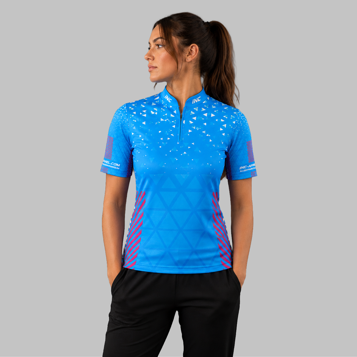 Front view of the Women's Magnus blue, pink, and white darts and pool shirt, showcasing the custom-tailored athletic jersey layout with vivid geometric graphics.