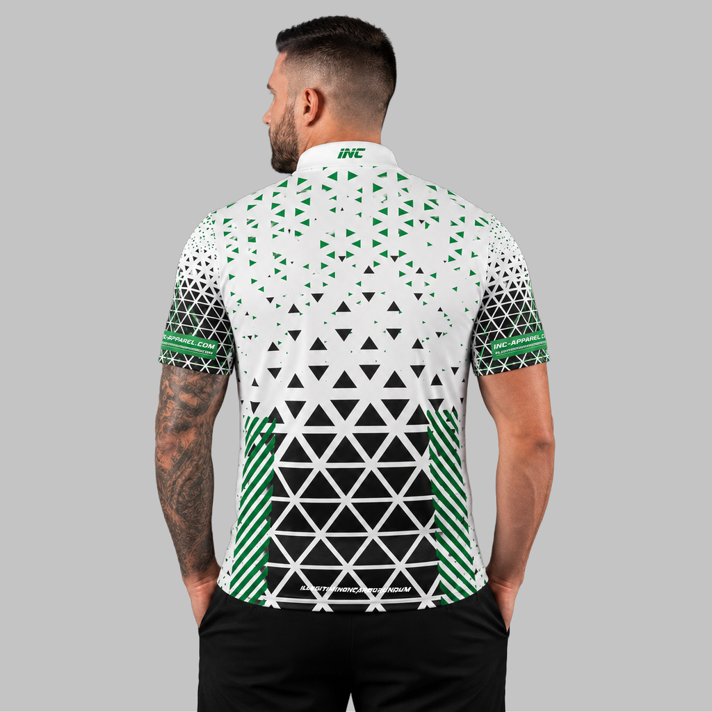 Back view of the Men and Youth Magnus white and green darts and pool shirt, showing the clean continuation of the premium graphic pattern across the back.g