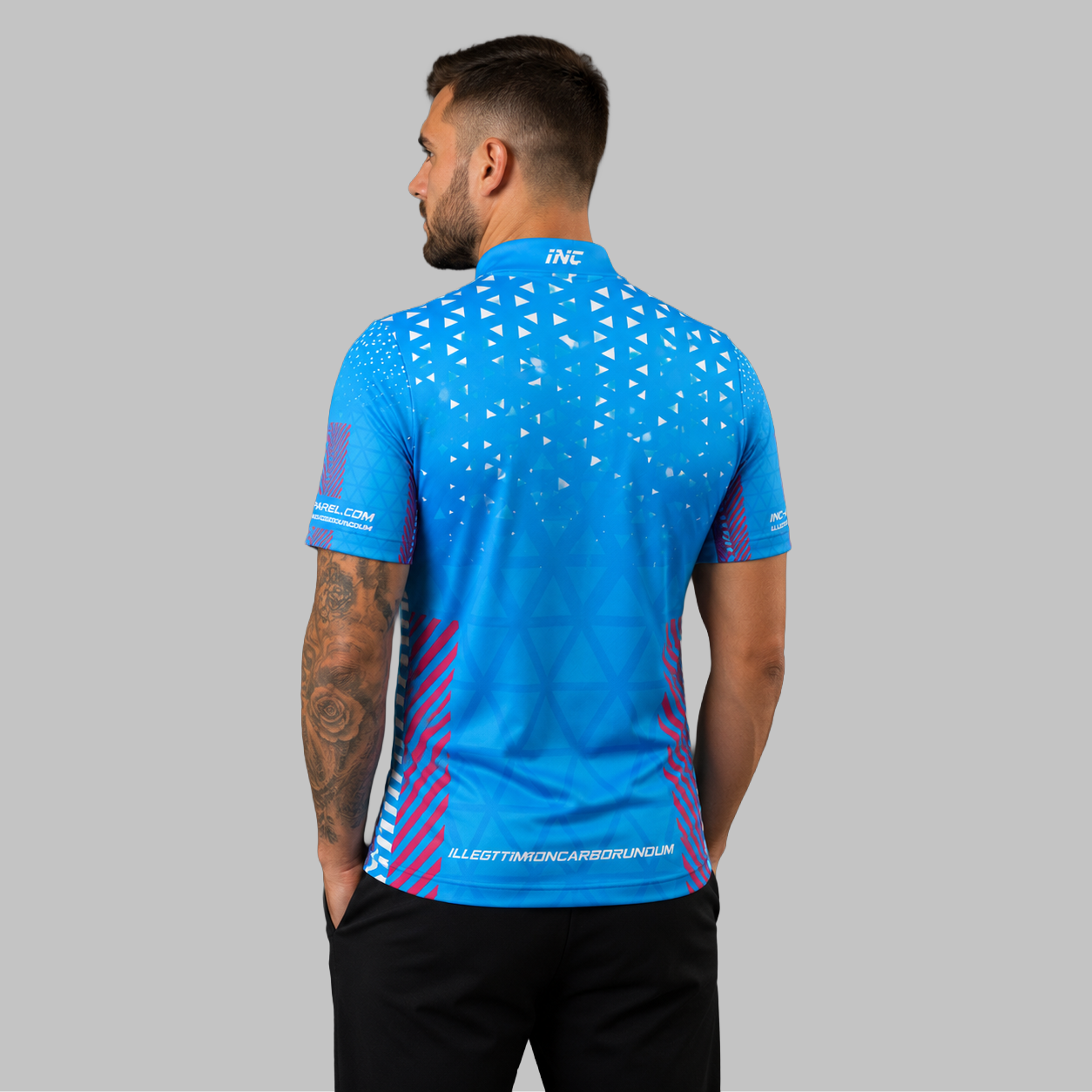 Back view of the Men and Youth Magnus pink, blue, and white darts and pool shirt, showing the clean continuation of the premium graphic pattern across the back.
