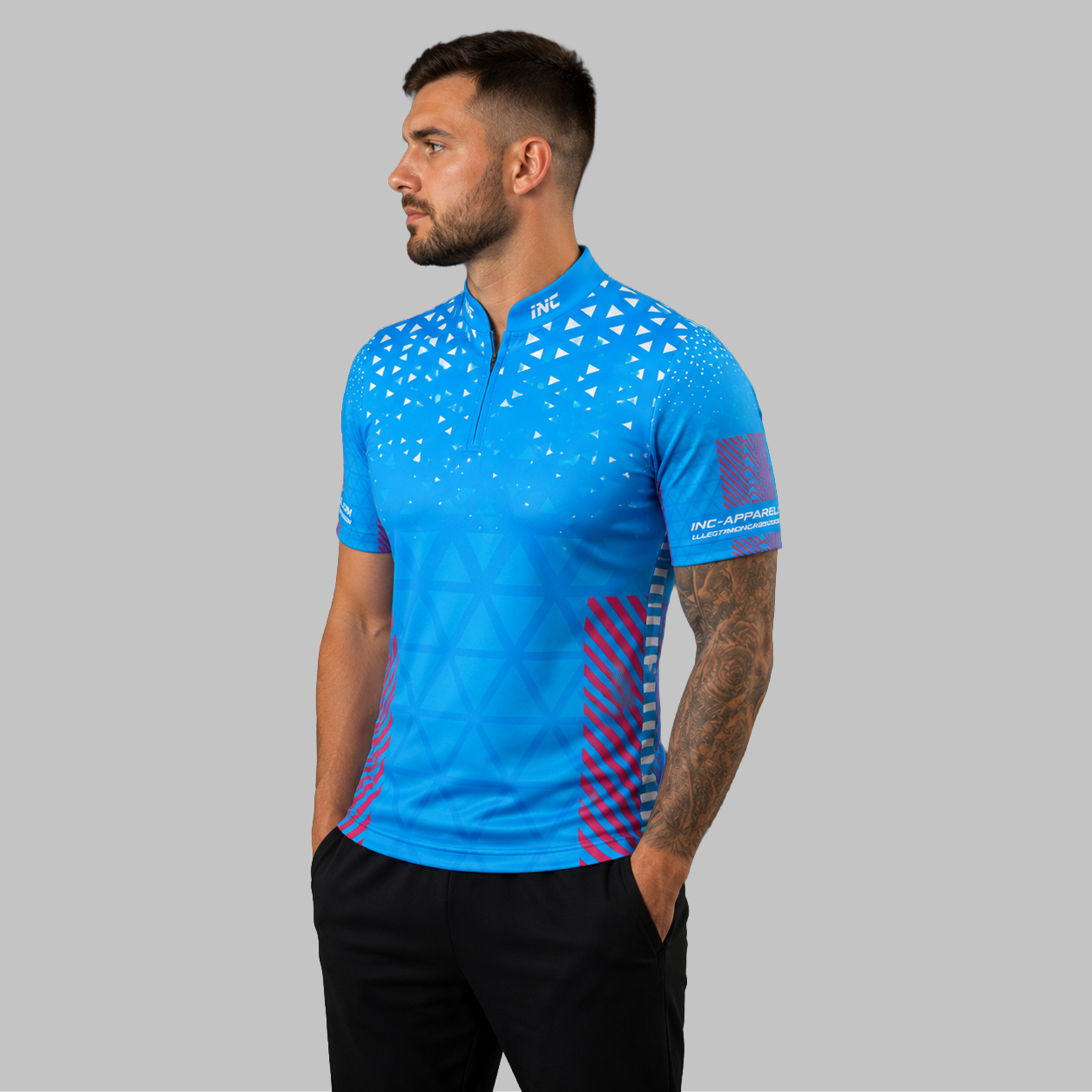 Front view of the Men and Youth Magnus pink, blue, and white darts and pool shirt, showcasing the dynamic athletic jersey design and vivid geometric patterns.