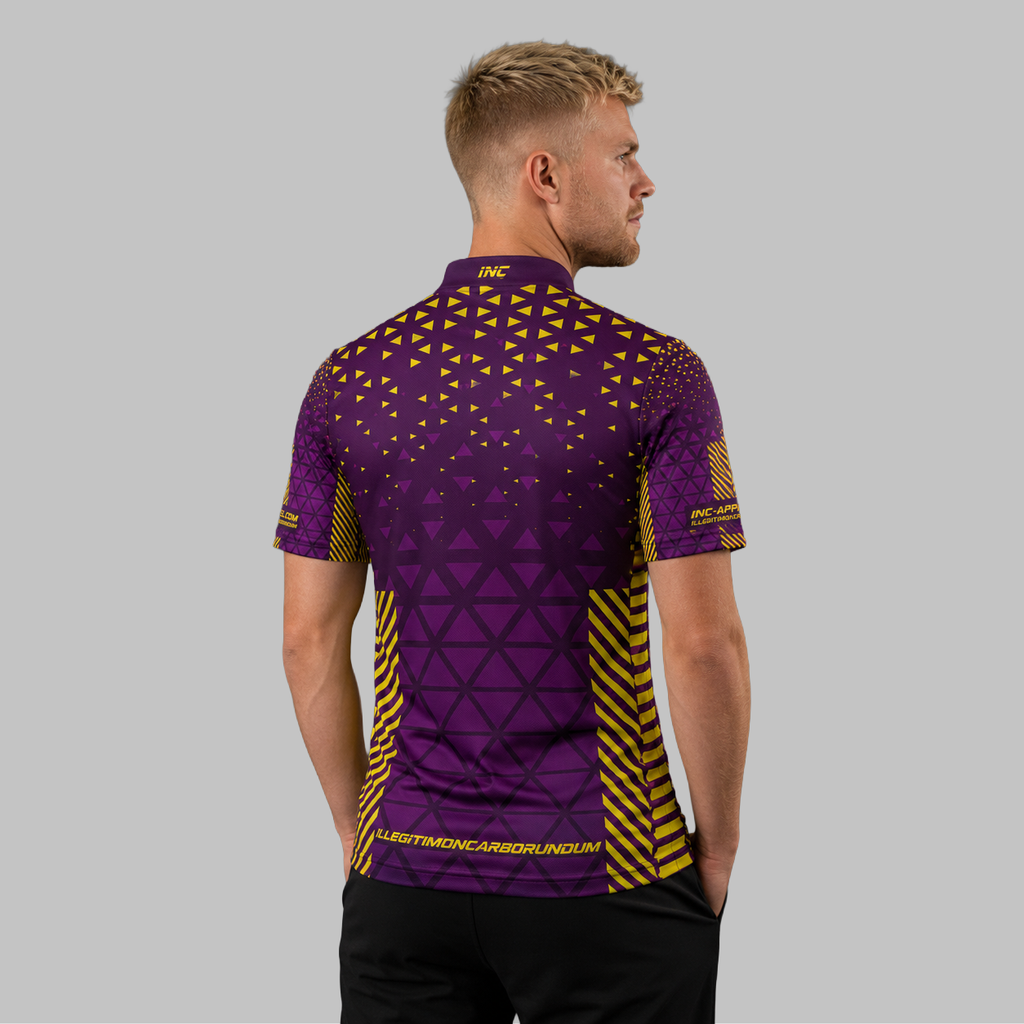 Back view of the Men and Youth Magnus purple and yellow darts and pool shirt, showing the clean continuation of the premium graphic pattern across the back.