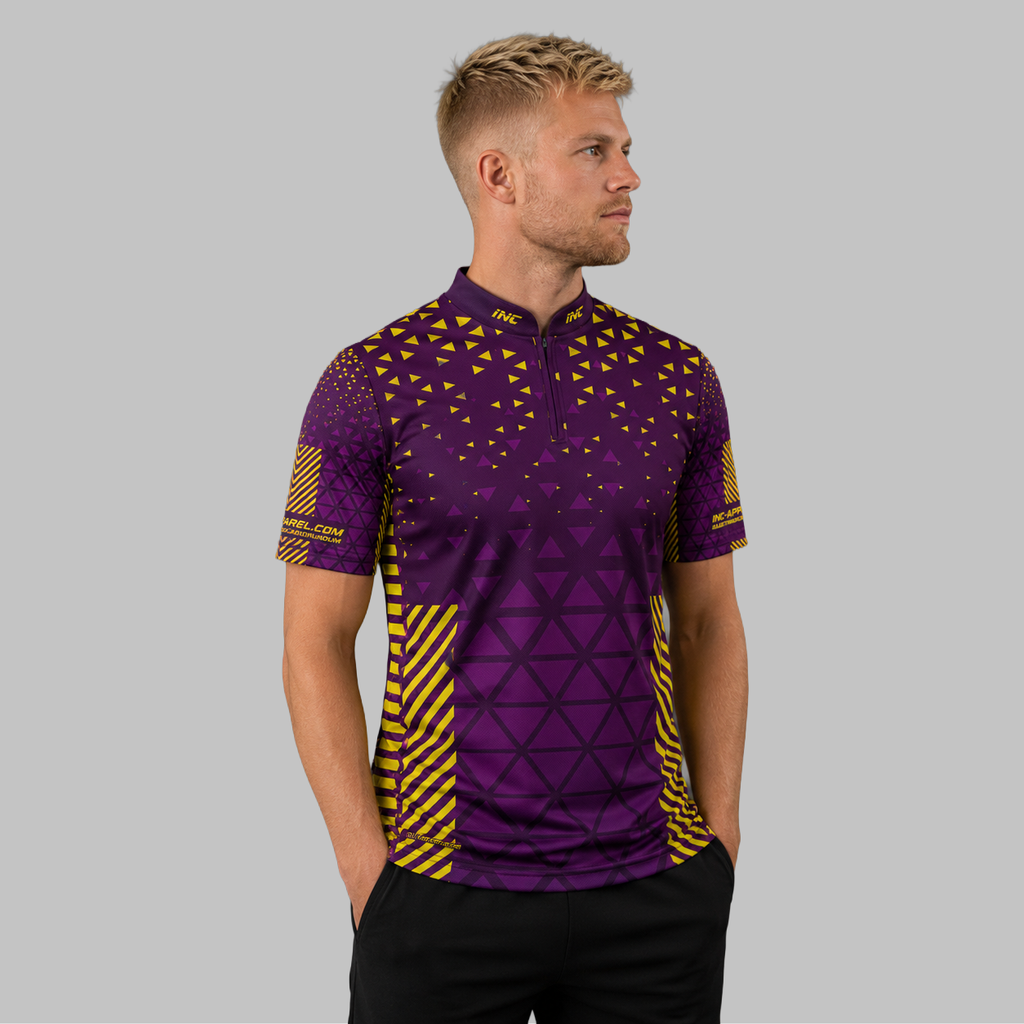 Front view of the Men and Youth Magnus purple and yellow darts and pool shirt, showcasing the dynamic athletic jersey design and vivid geometric patterns.
